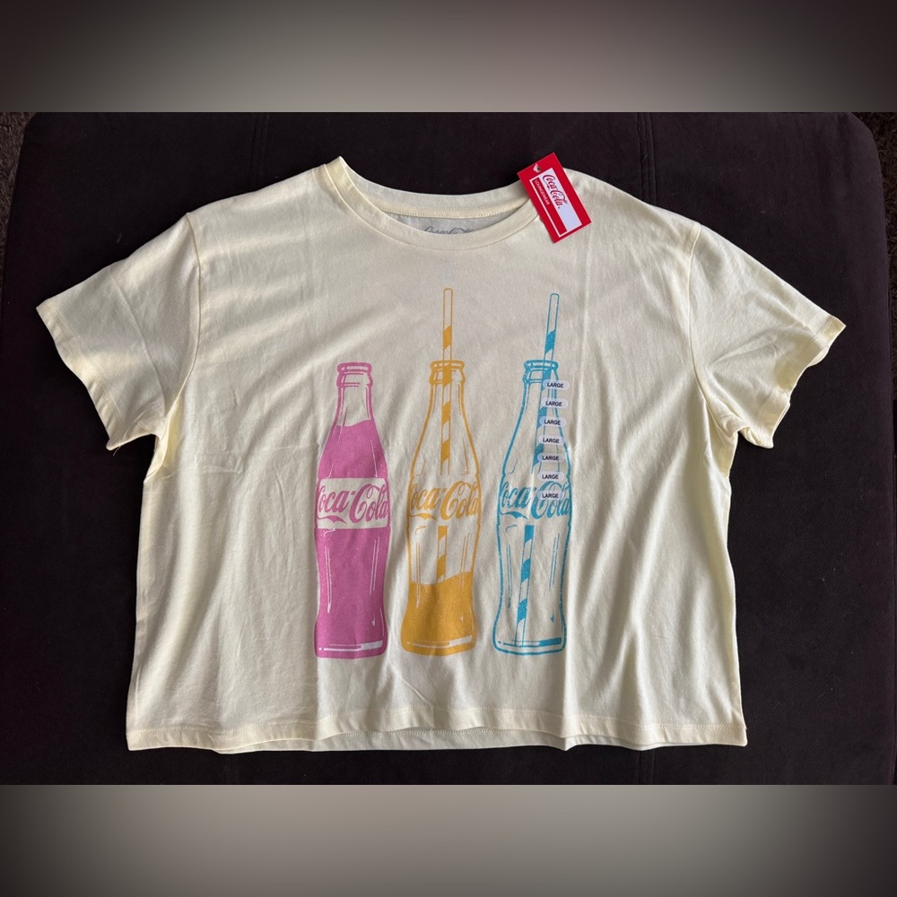 Coca Cola Cream Graphic Short Sleeve Crop Tee with Retro Bottle Design